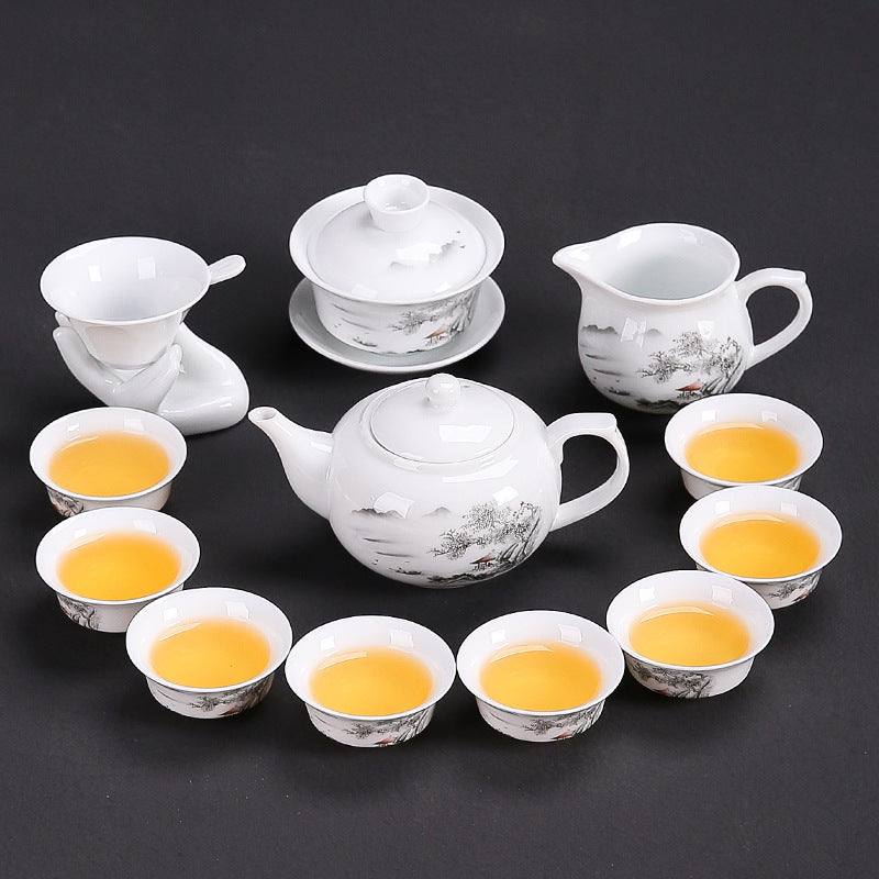 Dehua white porcelain kung fu tea set household ceramic light cover bowl teacup tea pot teapot complete set factory direct sales
