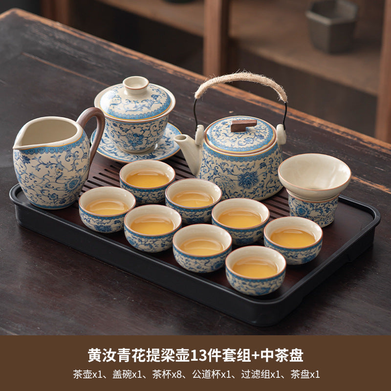 Blue and white beige Ru kiln kung fu tea set home office tea drinking Chinese high-grade ceramic teapot drinking teacup