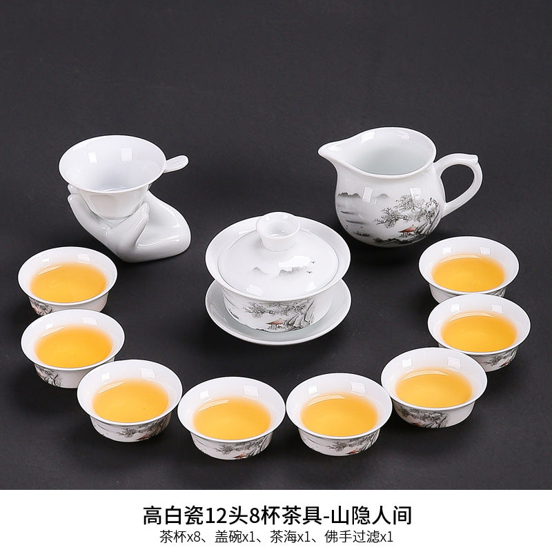 Dehua white porcelain kung fu tea set household ceramic light cover bowl teacup tea pot teapot complete set factory direct sales