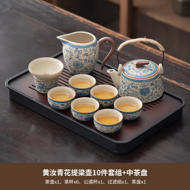 Blue and white beige Ru kiln kung fu tea set home office tea drinking Chinese high-grade ceramic teapot drinking teacup