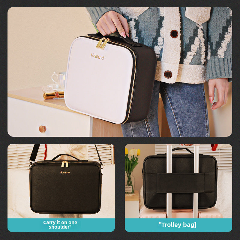Large Capacity Cosmetic Bag With Lamp And Mirror Detachable Partition Cosmetic Storage Bag Portable Travel Bag