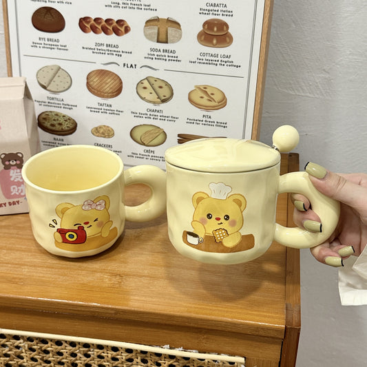 Mug with lid spoon cute bear high value water cup couple creative ceramic mug with logo opening event