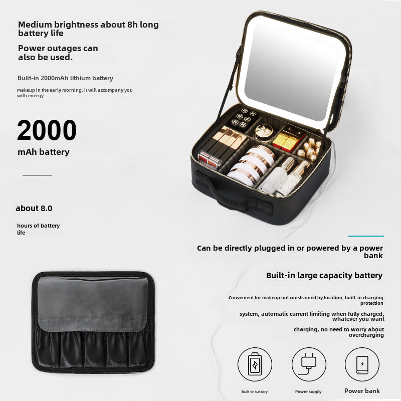 Large Capacity Cosmetic Bag With Lamp And Mirror Detachable Partition Cosmetic Storage Bag Portable Travel Bag