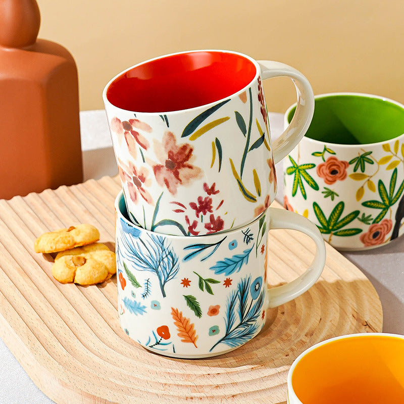 High-value floral glazed ceramic mug mug mug household large capacity breakfast cup business National Day gift logo