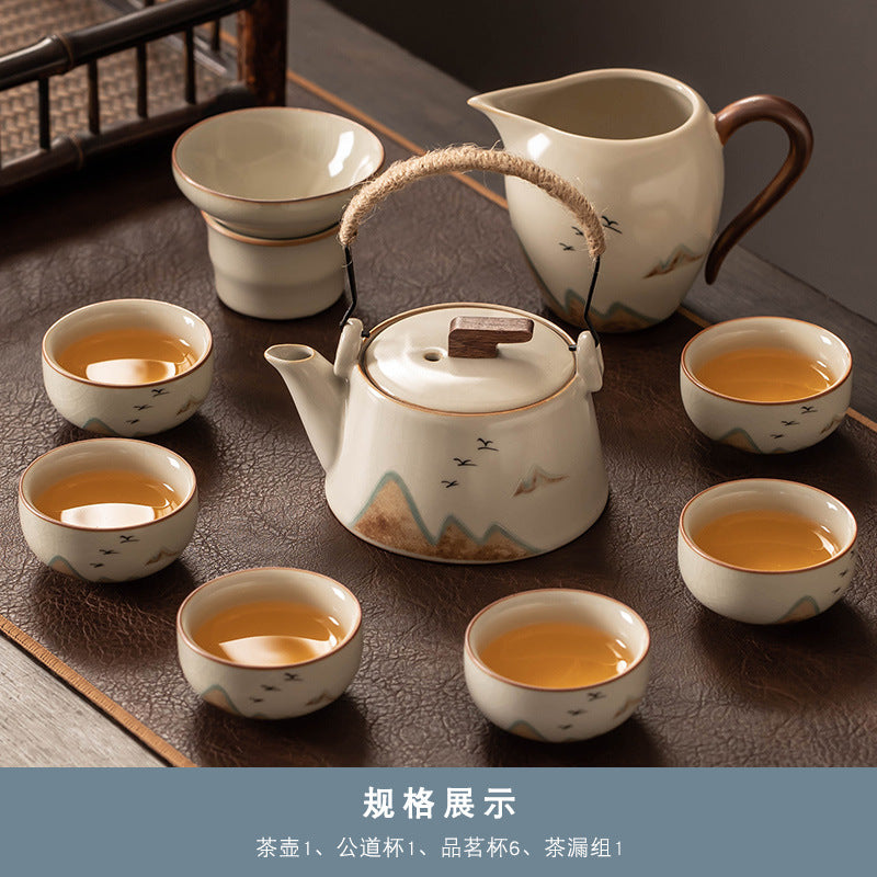 Beige Ruyao Kung Fu Tea Set Set Household Light Luxury Teapot Cover Bowl Tea Office Ceramic Teacup Tea Tray Complete Set
