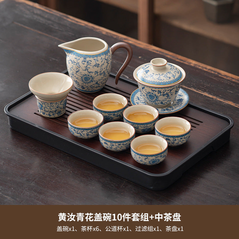 Blue and white beige Ru kiln kung fu tea set home office tea drinking Chinese high-grade ceramic teapot drinking teacup