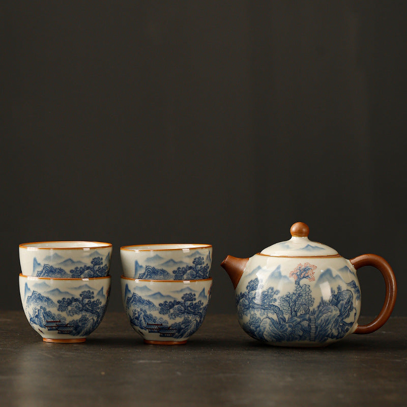 Ru kiln open piece teapot to make tea home Xi Shi pot four cups of high-grade 2024 new ceramic kung fu tea set