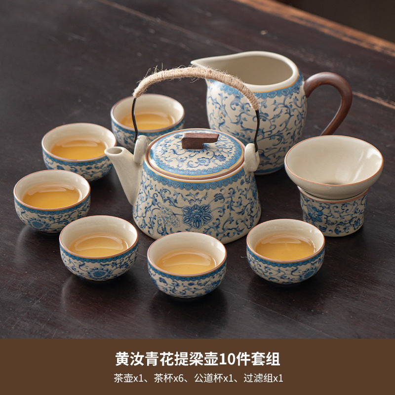 Blue and white beige Ru kiln kung fu tea set home office tea drinking Chinese high-grade ceramic teapot drinking teacup