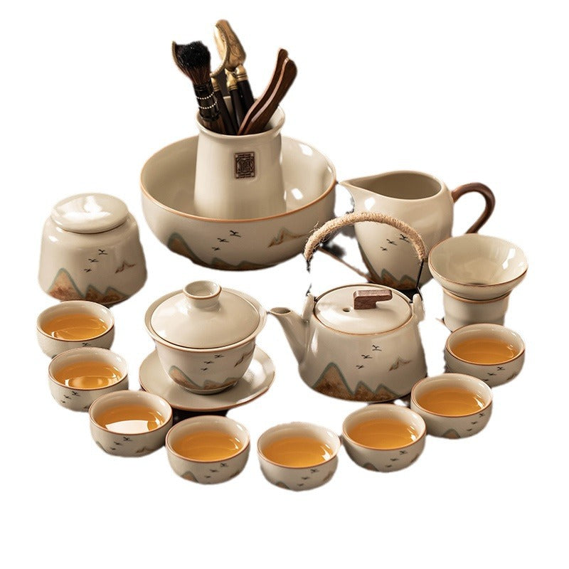Beige Ruyao Kung Fu Tea Set Set Household Light Luxury Teapot Cover Bowl Tea Office Ceramic Teacup Tea Tray Complete Set