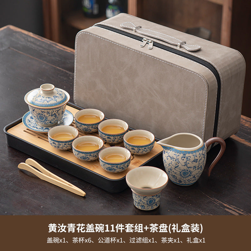 Blue and white beige Ru kiln kung fu tea set home office tea drinking Chinese high-grade ceramic teapot drinking teacup