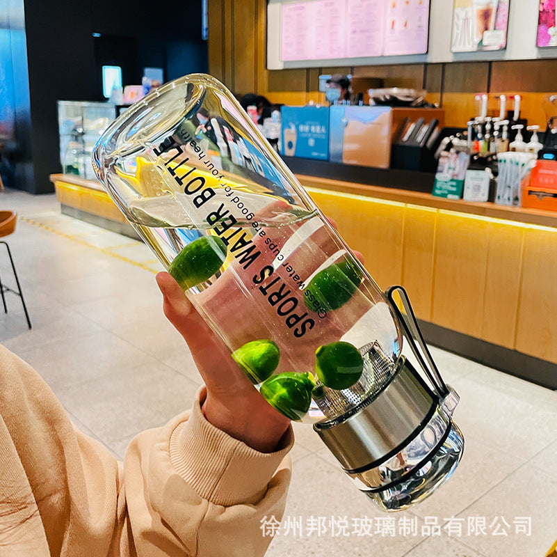 1000ml large-capacity outdoor portable water cup, transparent glass bubble tea cup, high temperature resistant rope tea water separation cup