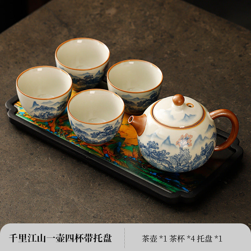 Ru kiln open piece teapot to make tea home Xi Shi pot four cups of high-grade 2024 new ceramic kung fu tea set