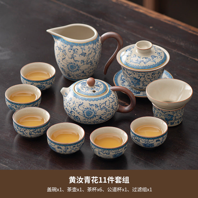 Blue and white beige Ru kiln kung fu tea set home office tea drinking Chinese high-grade ceramic teapot drinking teacup