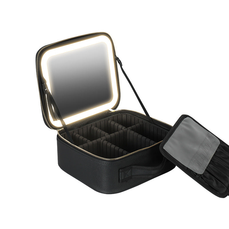 Large Capacity Cosmetic Bag With Lamp And Mirror Detachable Partition Cosmetic Storage Bag Portable Travel Bag