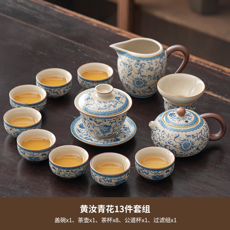 Blue and white beige Ru kiln kung fu tea set home office tea drinking Chinese high-grade ceramic teapot drinking teacup
