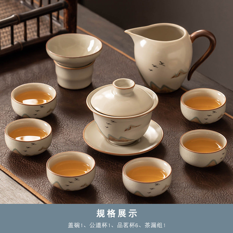 Beige Ruyao Kung Fu Tea Set Set Household Light Luxury Teapot Cover Bowl Tea Office Ceramic Teacup Tea Tray Complete Set