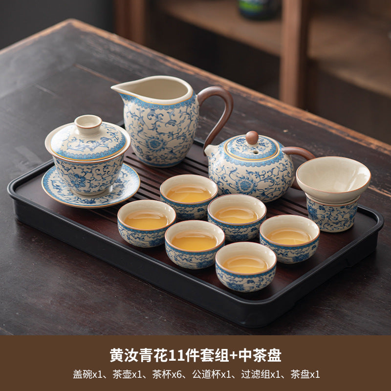 Blue and white beige Ru kiln kung fu tea set home office tea drinking Chinese high-grade ceramic teapot drinking teacup