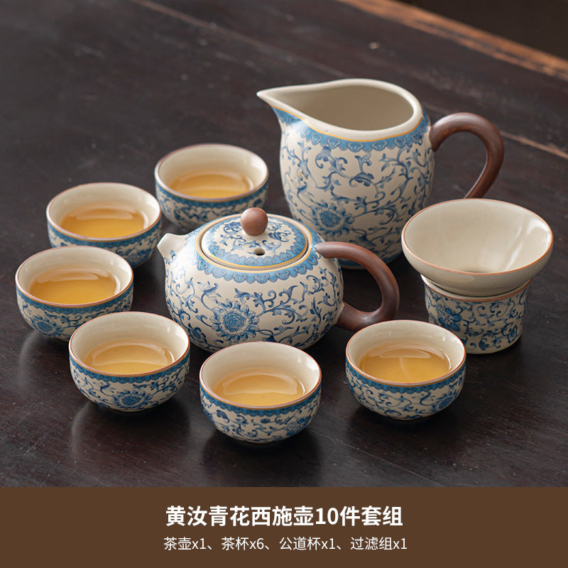 Blue and white beige Ru kiln kung fu tea set home office tea drinking Chinese high-grade ceramic teapot drinking teacup