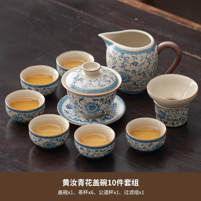 Blue and white beige Ru kiln kung fu tea set home office tea drinking Chinese high-grade ceramic teapot drinking teacup