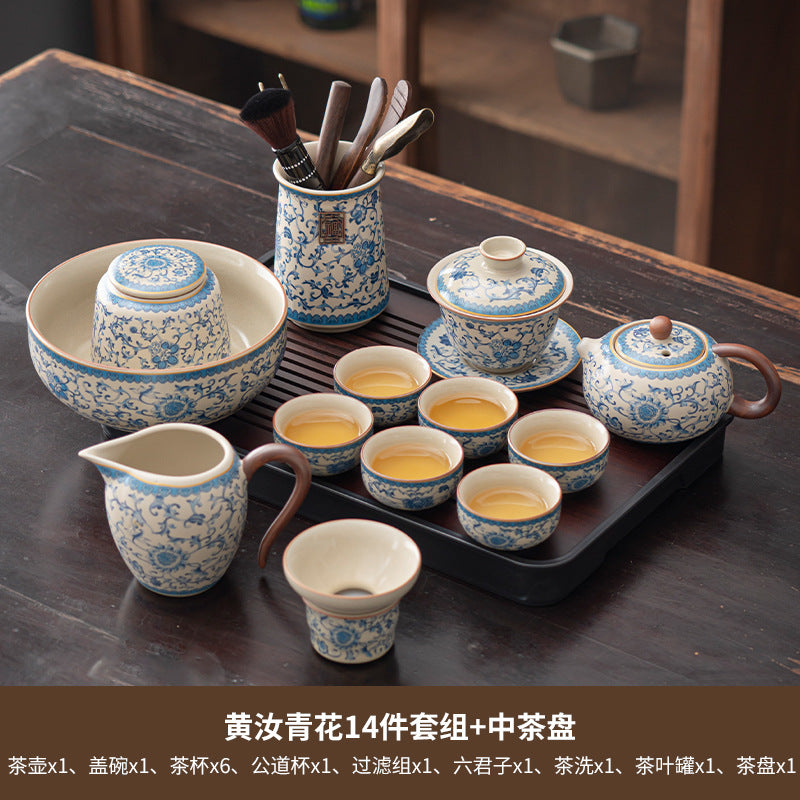 Blue and white beige Ru kiln kung fu tea set home office tea drinking Chinese high-grade ceramic teapot drinking teacup