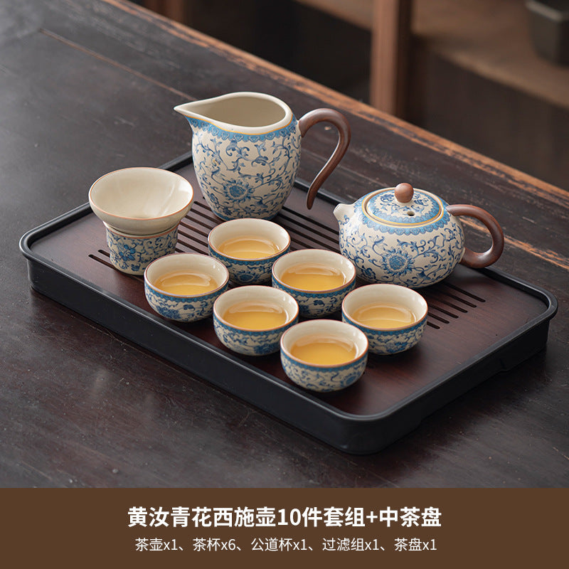 Blue and white beige Ru kiln kung fu tea set home office tea drinking Chinese high-grade ceramic teapot drinking teacup