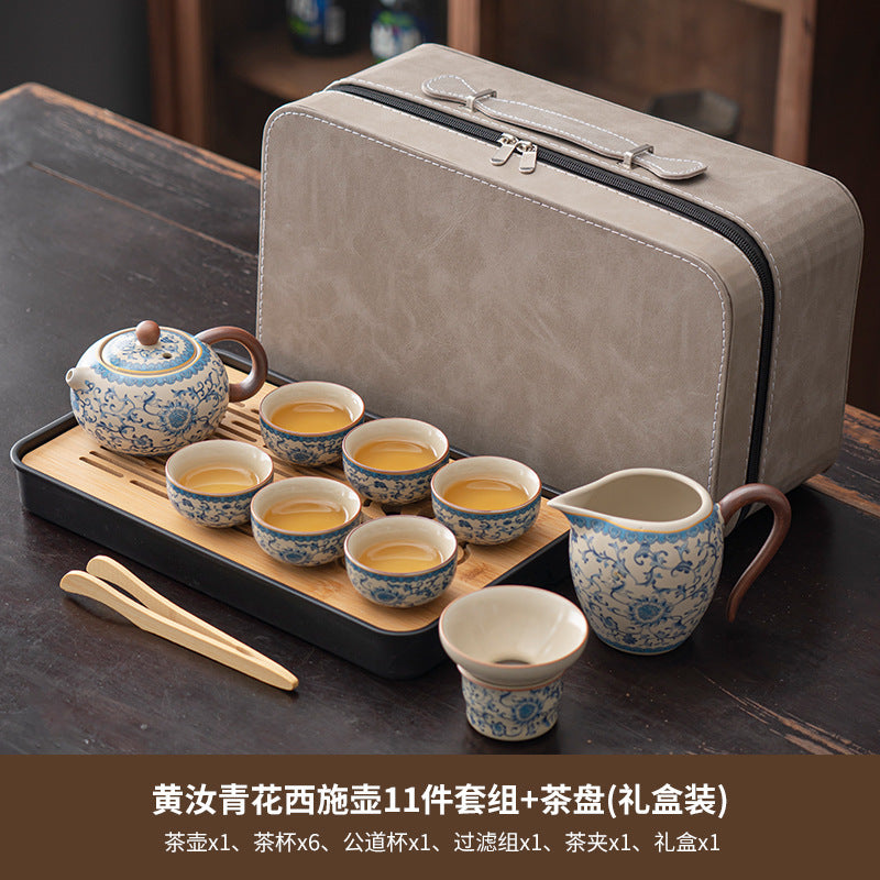 Blue and white beige Ru kiln kung fu tea set home office tea drinking Chinese high-grade ceramic teapot drinking teacup