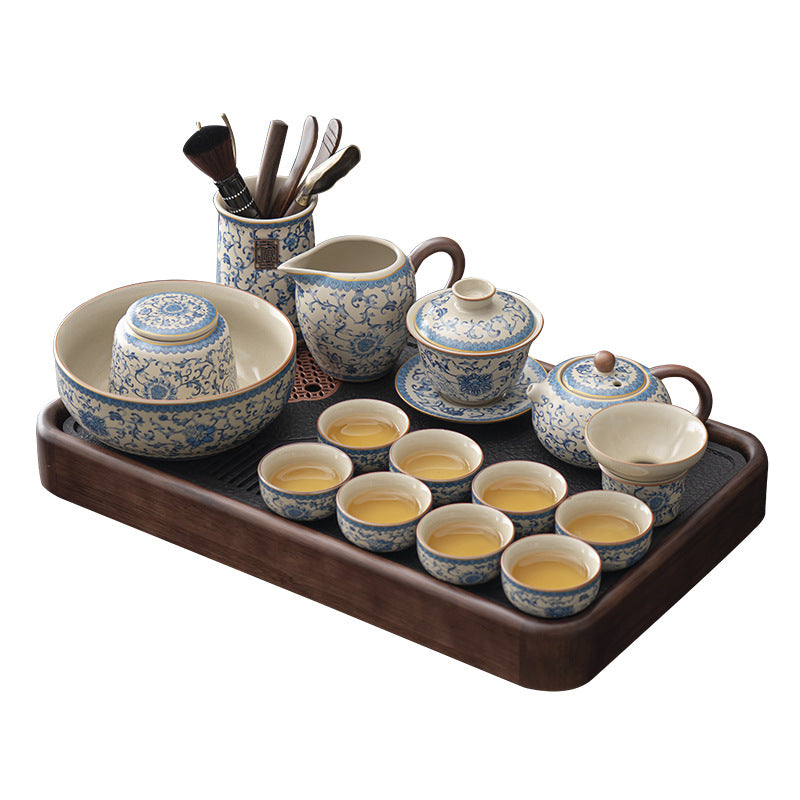 Blue and white beige Ru kiln kung fu tea set home office tea drinking Chinese high-grade ceramic teapot drinking teacup