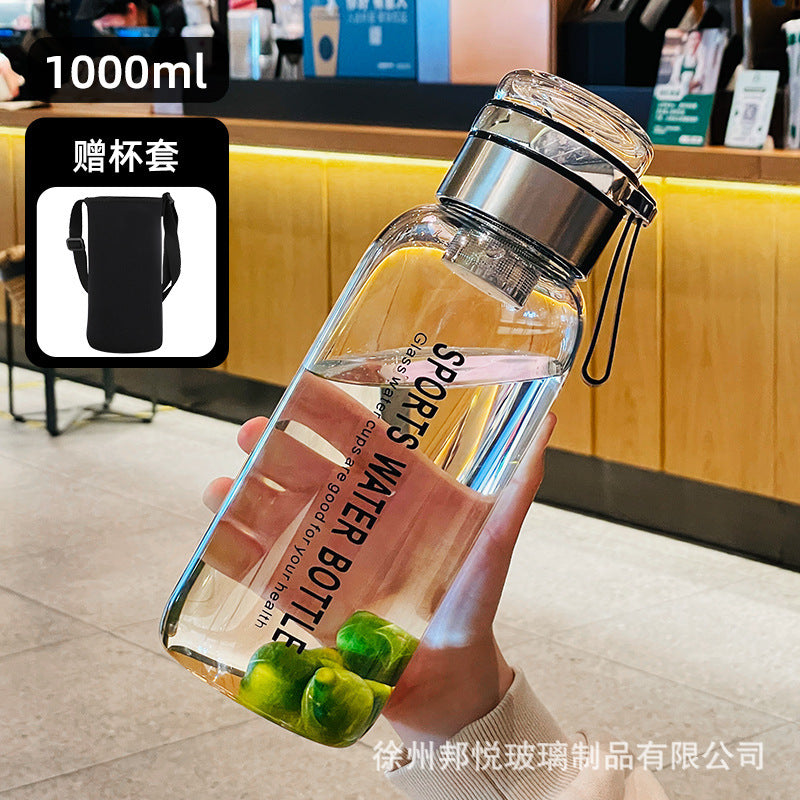 1000ml large-capacity outdoor portable water cup, transparent glass bubble tea cup, high temperature resistant rope tea water separation cup