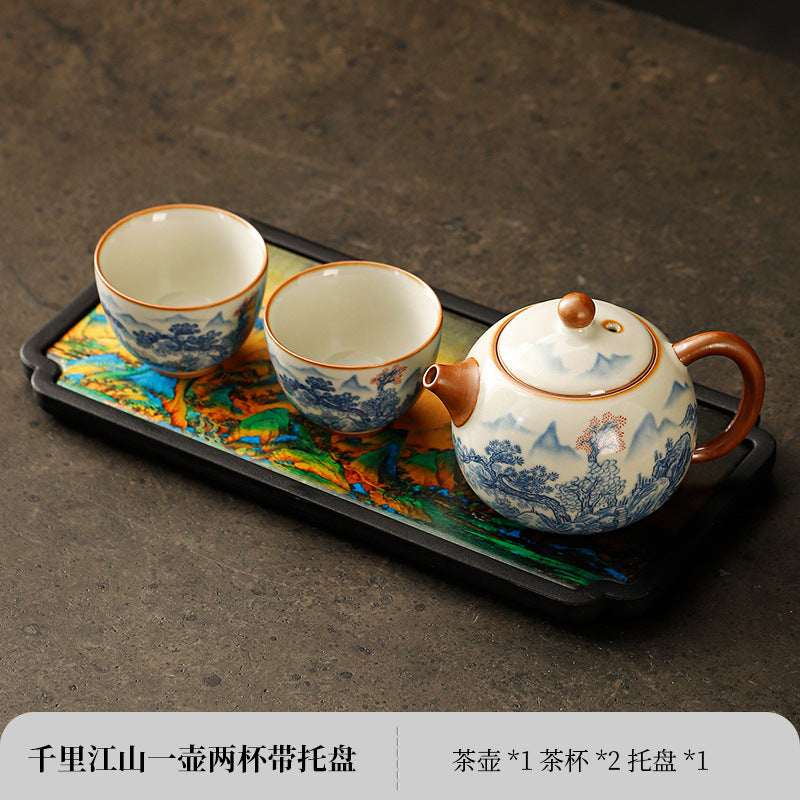 Ru kiln open piece teapot to make tea home Xi Shi pot four cups of high-grade 2024 new ceramic kung fu tea set