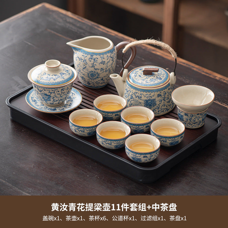 Blue and white beige Ru kiln kung fu tea set home office tea drinking Chinese high-grade ceramic teapot drinking teacup