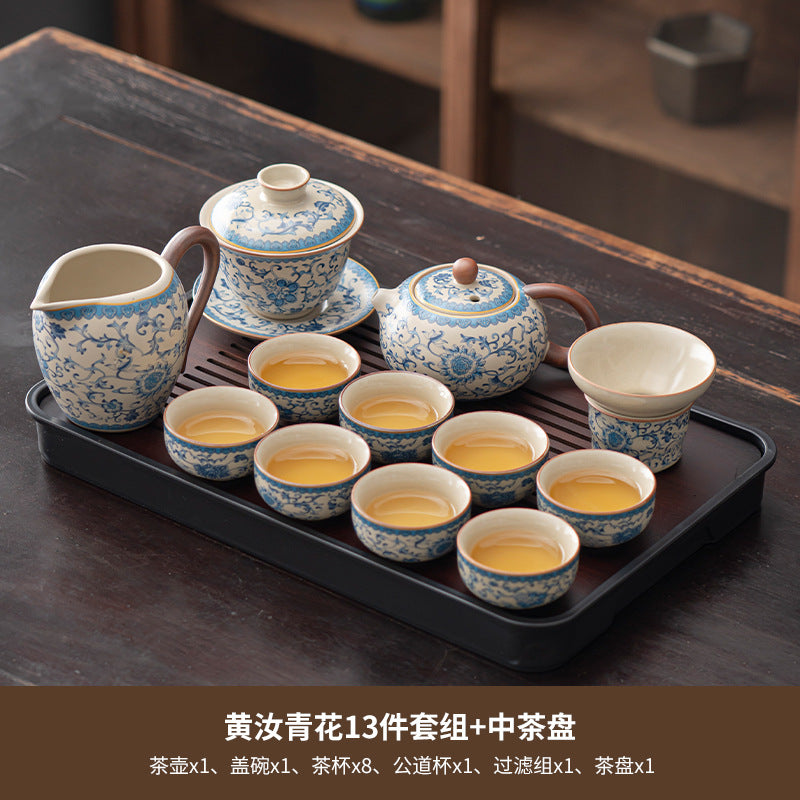 Blue and white beige Ru kiln kung fu tea set home office tea drinking Chinese high-grade ceramic teapot drinking teacup