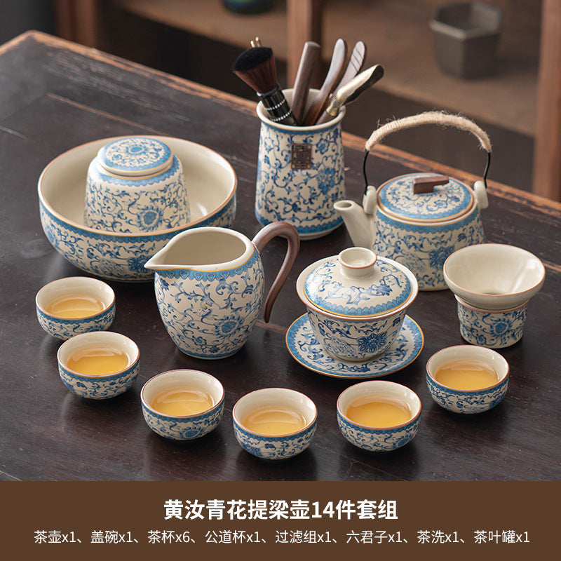 Blue and white beige Ru kiln kung fu tea set home office tea drinking Chinese high-grade ceramic teapot drinking teacup