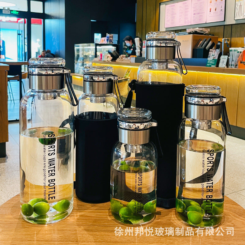 1000ml large-capacity outdoor portable water cup, transparent glass bubble tea cup, high temperature resistant rope tea water separation cup