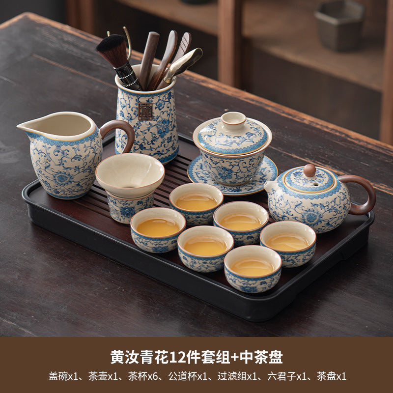 Blue and white beige Ru kiln kung fu tea set home office tea drinking Chinese high-grade ceramic teapot drinking teacup