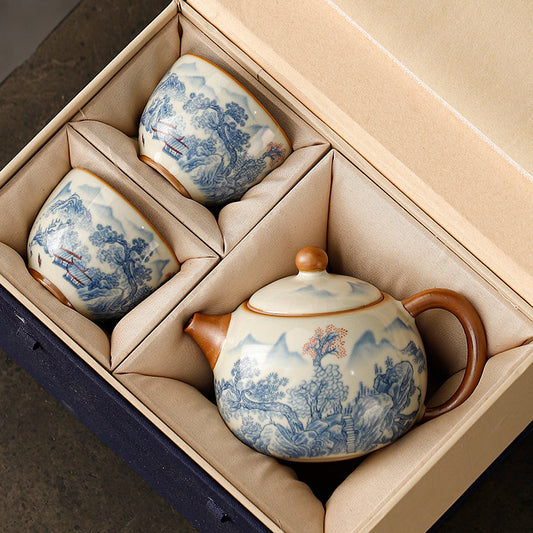 Ru kiln open piece teapot to make tea home Xi Shi pot four cups of high-grade 2024 new ceramic kung fu tea set