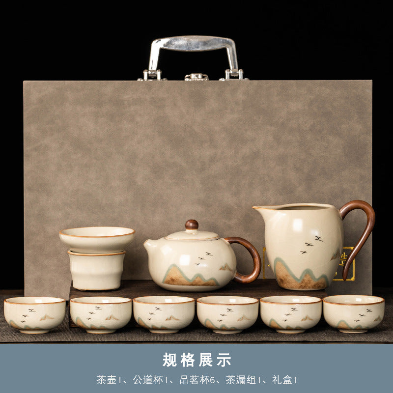 Beige Ruyao Kung Fu Tea Set Set Household Light Luxury Teapot Cover Bowl Tea Office Ceramic Teacup Tea Tray Complete Set
