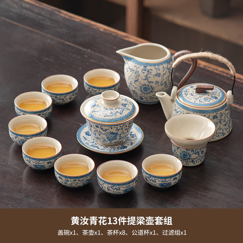 Blue and white beige Ru kiln kung fu tea set home office tea drinking Chinese high-grade ceramic teapot drinking teacup