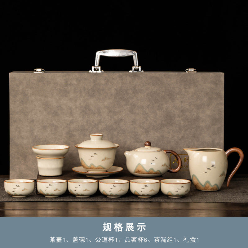 Beige Ruyao Kung Fu Tea Set Set Household Light Luxury Teapot Cover Bowl Tea Office Ceramic Teacup Tea Tray Complete Set