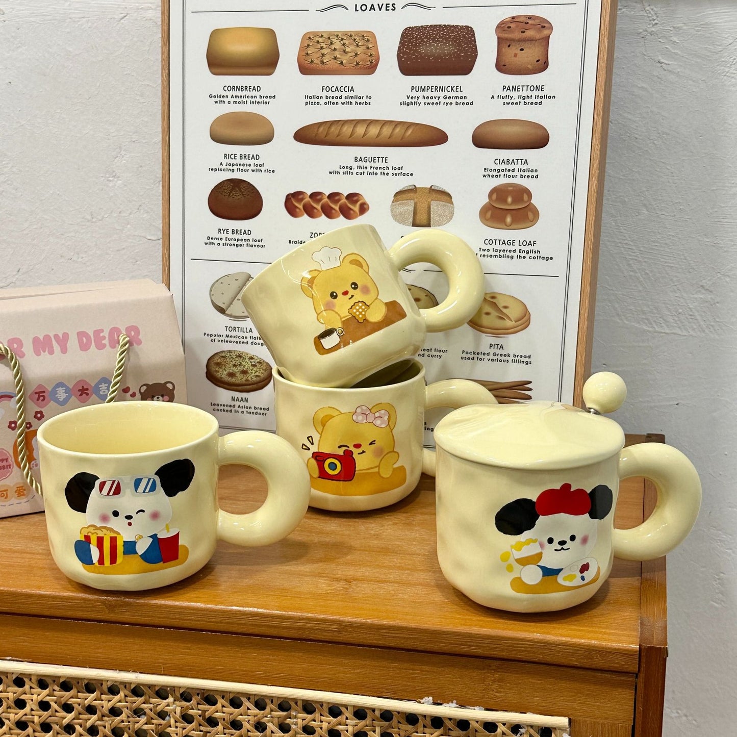 Mug with lid spoon cute bear high value water cup couple creative ceramic mug with logo opening event