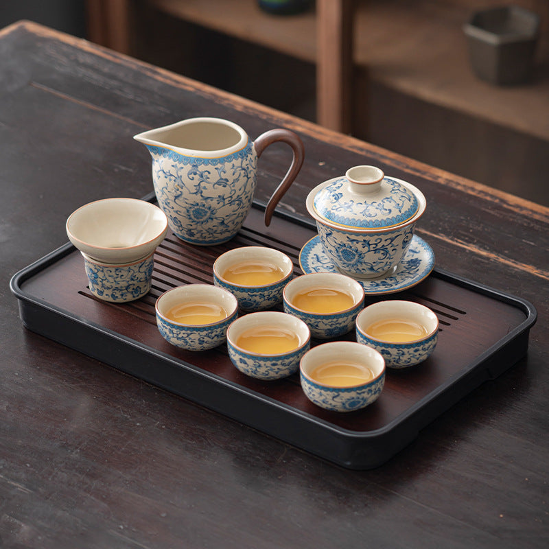 Blue and white beige Ru kiln kung fu tea set home office tea drinking Chinese high-grade ceramic teapot drinking teacup