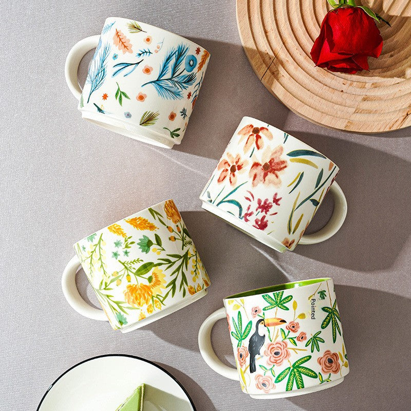 High-value floral glazed ceramic mug mug mug household large capacity breakfast cup business National Day gift logo
