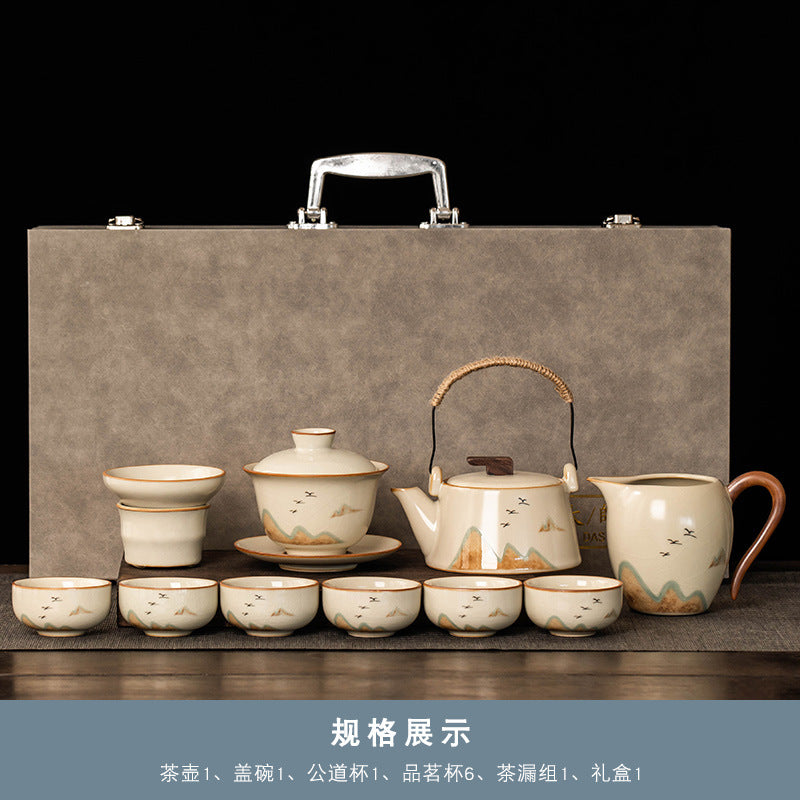 Beige Ruyao Kung Fu Tea Set Set Household Light Luxury Teapot Cover Bowl Tea Office Ceramic Teacup Tea Tray Complete Set