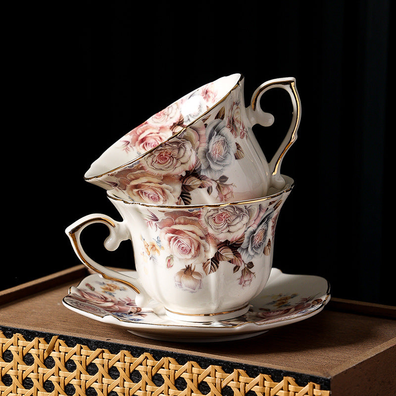 European-style elegant floral coffee cup saucer, Western-style retro gold-painted ceramic mug, household luxury teacup, water cup