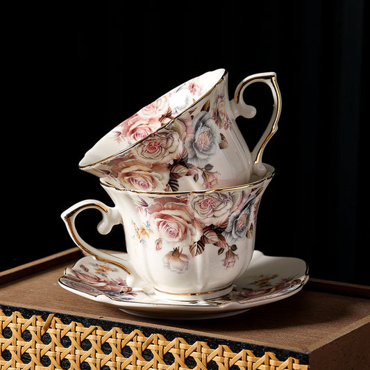 European-style elegant floral coffee cup saucer, Western-style retro gold-painted ceramic mug, household luxury teacup, water cup