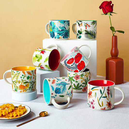 High-value floral glazed ceramic mug mug mug household large capacity breakfast cup business National Day gift logo