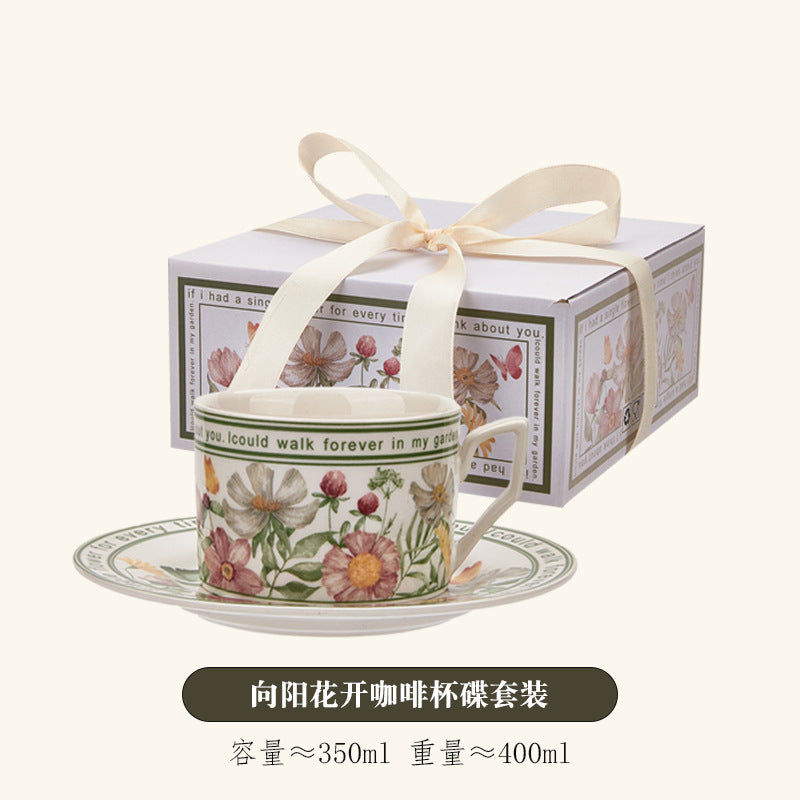 Retro ceramic sunflower blossom coffee cup saucer set gift box high-value mug souvenir high-quality cup