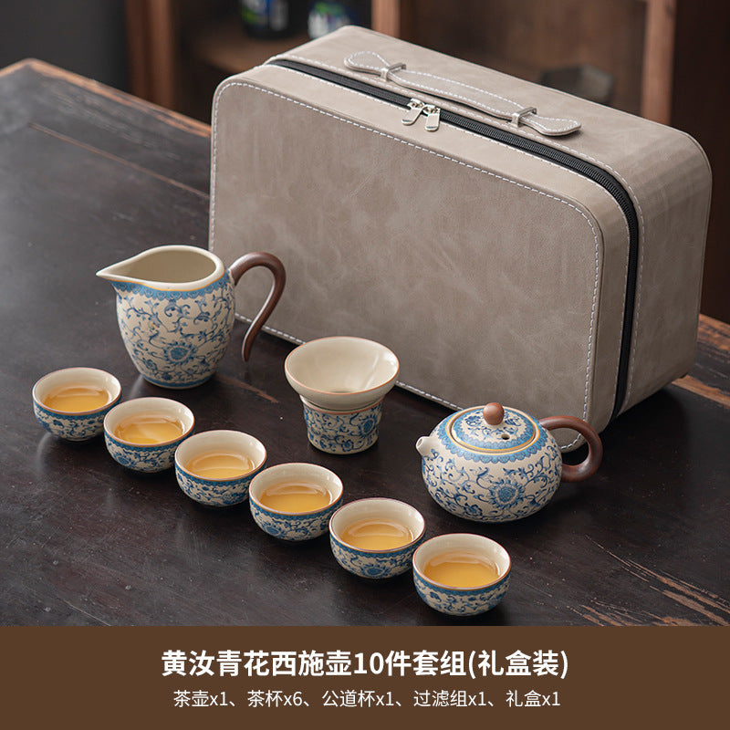 Blue and white beige Ru kiln kung fu tea set home office tea drinking Chinese high-grade ceramic teapot drinking teacup