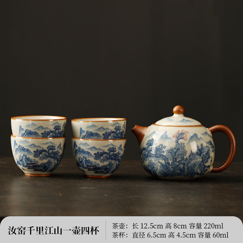 Ru kiln open piece teapot to make tea home Xi Shi pot four cups of high-grade 2024 new ceramic kung fu tea set