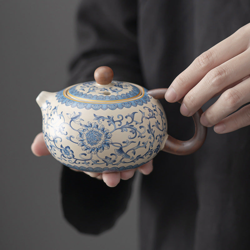 Blue and white beige Ru kiln kung fu tea set home office tea drinking Chinese high-grade ceramic teapot drinking teacup