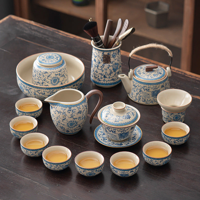 Blue and white beige Ru kiln kung fu tea set home office tea drinking Chinese high-grade ceramic teapot drinking teacup